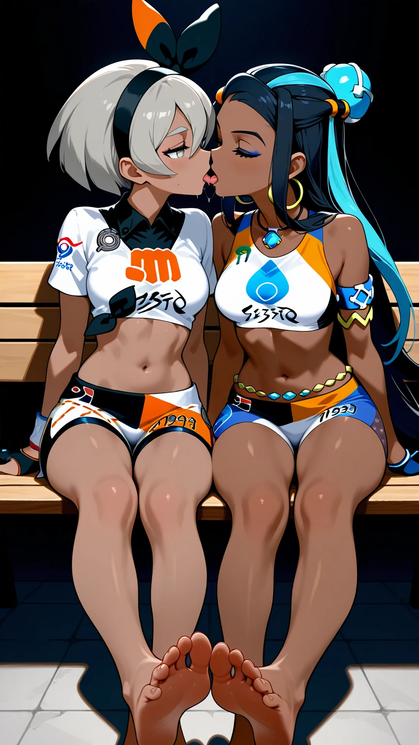 2 girls, girl racers, dark skinned with tanlines, topless, formula one race paddock, small breasts, fat ass, bubble booty, boots, covered in cum, covered in money, high quality resolution, very high quality, beautiful anime eyes, comparing asses, leaning against racecar, smiling, purple hair, fit models
