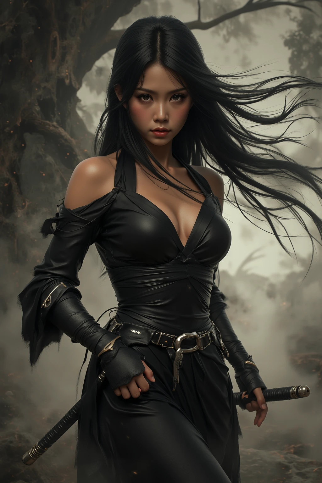 leogirl, seductive leaning forward detailed skin, ultra realistic 8k cg, picture-perfect face, flawless, clean, masterpiece, professional artwork, famous artwork, cinematic lighting, cinematic bloom,((black hair)),(1girl, beautiful korean girl),perfect face, (young:1.1),((fit figure)),((25 year old)), beautiful face, beautiful blue eyes,detail eyes, detail face, (((perfect female body, narrow waist))),(large breasts:1.3)lora:GoodHands-beta2:1>, , ((girl standing)),upper body,blade to side,strike pose,blade down,blade right hand,, cherry blossoms,, (masterpiece, best quality, high quality, highres, ultra-detailed),