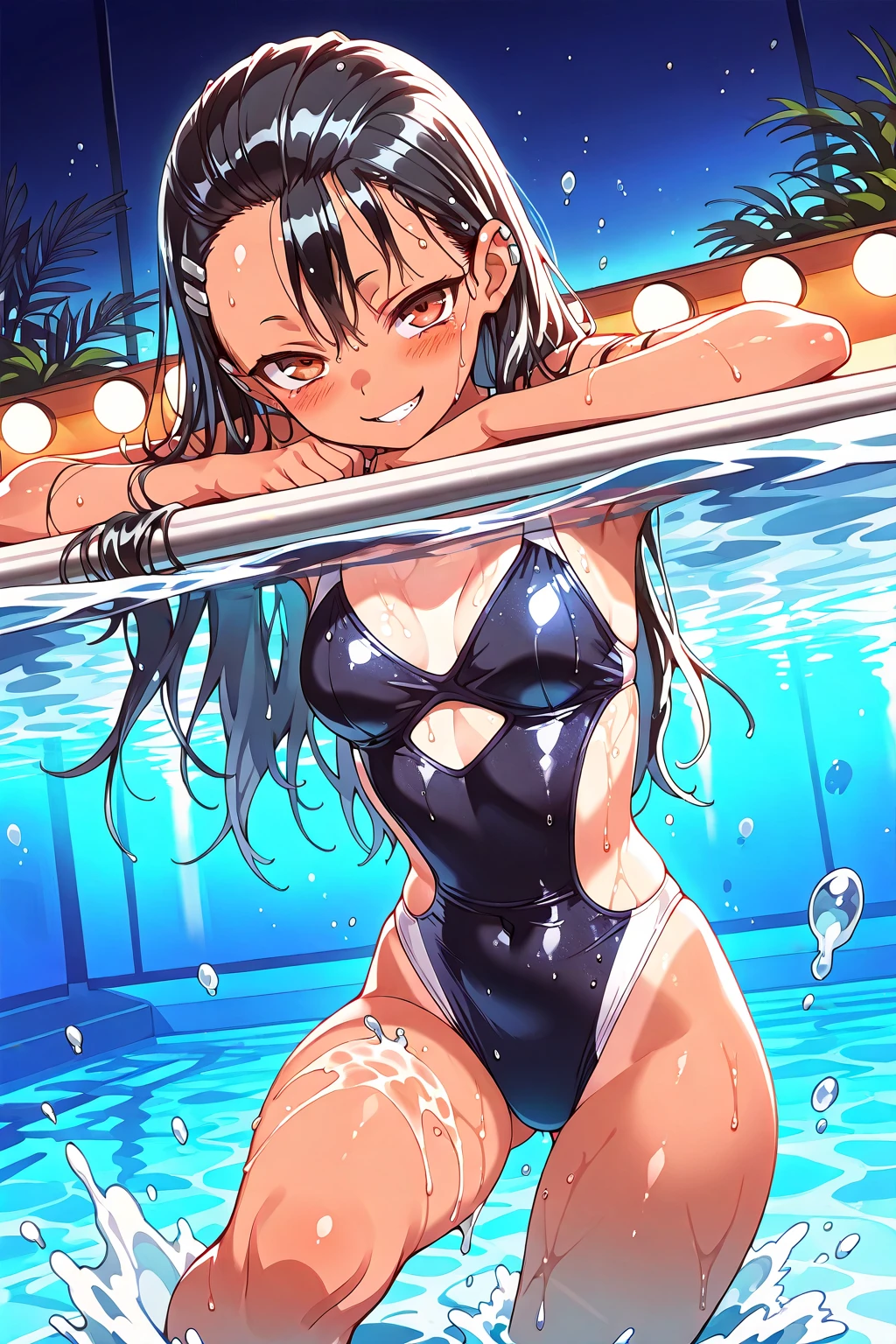 Highest quality,High resolution,１People Girl,beautiful girl,whole body,look up,looking at the camera,Big eyes,Crying face,Tears,Stringy saliva,Open your mouth wide,Sticking out tongue,Flush saliva,Overflowing with saliva,ponytail,Black Hair,Big rainbow eyes,Pool,Swimwear,競泳Swimwear,セパレートSwimwear,ワンピースSwimwear,A whistle hanging from his neck,Standing posture,