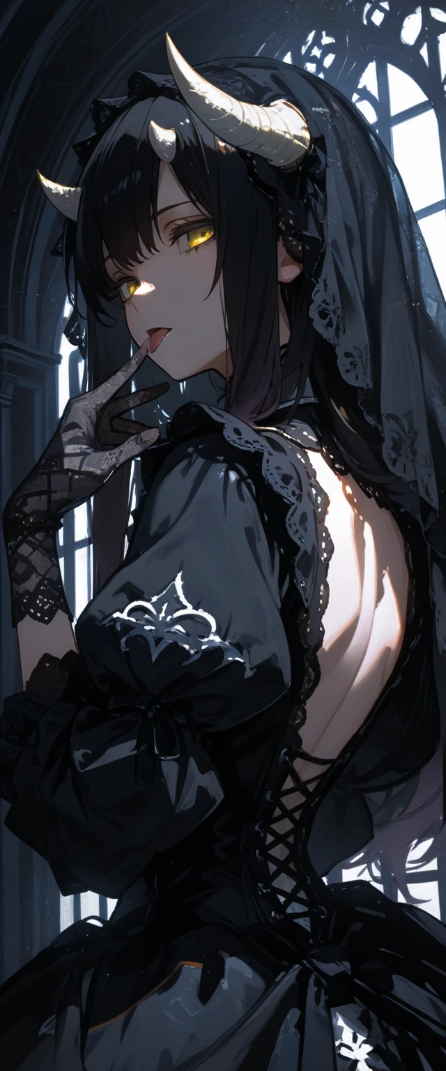 (Super detailed:1.3), ((((best quality)))), ((masterpiece)), female focus, solo,hotify, stunning beauty, powerful glow, detailed face, detailed eyes, detailed lips,castle interior background,(nighttime),moonlight,((black hair)),long hair, black mourning dress,((mourning veil)),red eyes, (pale skin:1.2),melancholic expression,straight bangs,bangs covering forehead,almond-shaped eyes,very cute face,cowboy shot, (hair over one eye),sheer sleeves,(2 arms),(black thong),nude