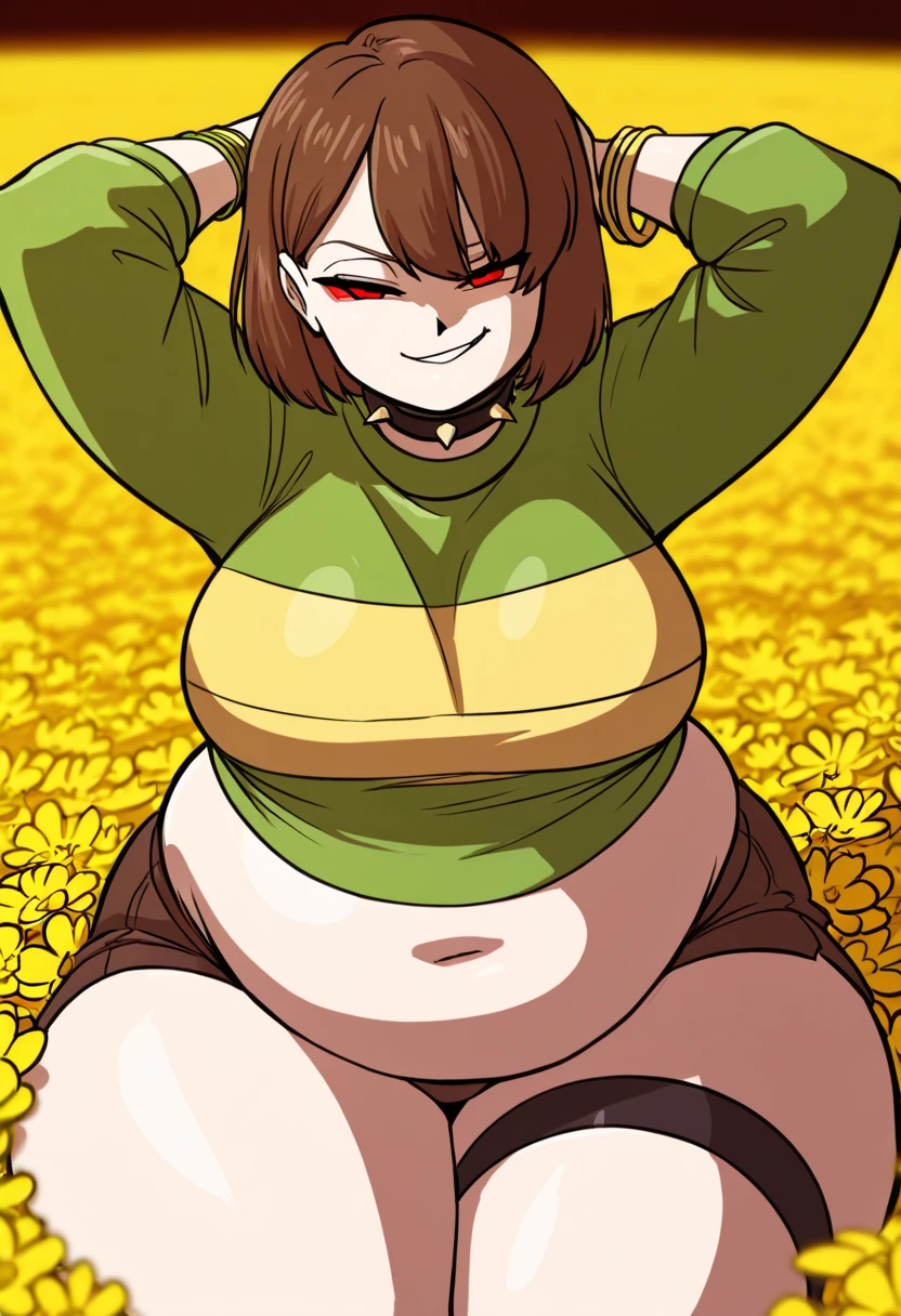 masterpiece, best quality, highres, gloria1, gloria \(pokemon\), brown hair, solo, brown eyes, tam o' shanter, short hair,  bob cut, bangs, cowboy shot, smile, field, grass, nude, puffy nipples, riding human sex, vaginal penetration, legs spread, creampie, leaning forward, hanging breasts, (pregnant:0.7) small breasts