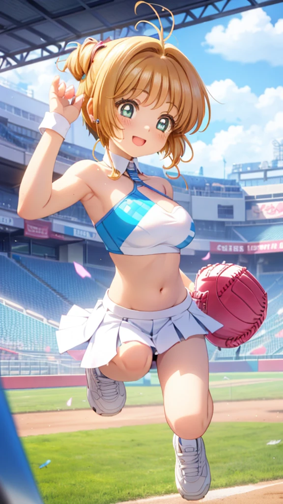 igawa,erected nipples,medium breasts,bouncing breasts,cleavage,underboob, blonde hair,bobcut, purple eyes,(highres, high quality:1.1), intricate details, cinematic lighting,get sweaty ,sweaty skin, (wet gleaming skin:1.1),spread legs, (cheerleader, crop top, miniskirt, bare shoulders, white skirt, standing, holding pom poms), pom pom \(cheerleading\), outdoors, stadium, sunlight, bright sky, blue sky with clouds, winds, god rays, light rays, ,(red blush,smile),show off pussy,(no panties:1.2),(metal dog collar,tag:1.2),from below,detailed legs, flexible, dynamic pose,arms behind head