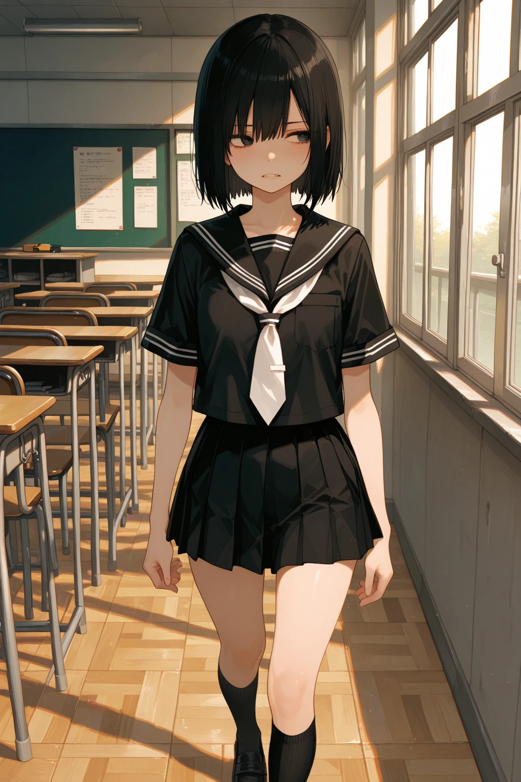 full body, earring, medium hair, medium tits, tearful mole, school_uniform, sailor uniform, sleeveless, school, classroom,