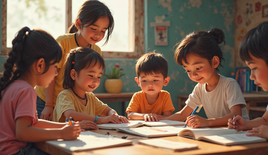 Create a table with papers and pencils on top, a map, and two children looking at it. anime style with realistic lighting. ((best quality)), (detailed), (anime style).