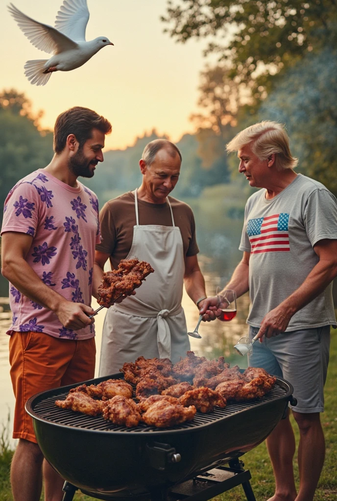 Adolf Hitler and Vladimir Putin are very fit and they are nude, very happy and eating paella in a backyard.