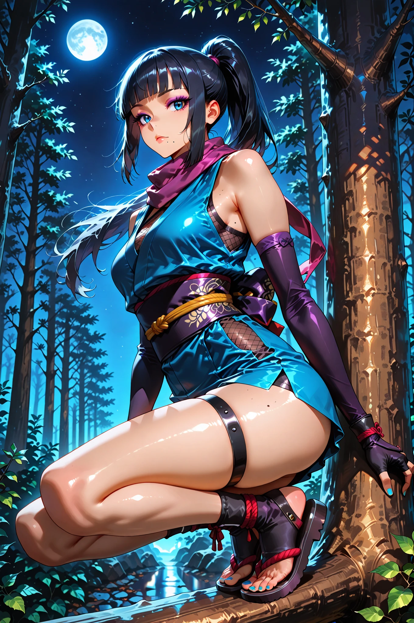 masterpiece　Realistic style　Beautiful woman with very long purple hair　sharp eyes　racy bikini armor　Sleeveless light blue see-through dress　Beautiful butt with underwear stuck in　night forest