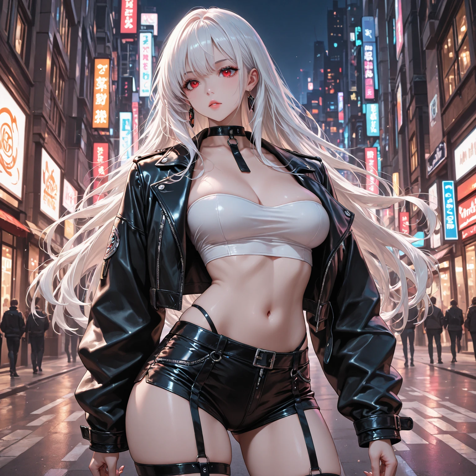 (masterpiece), Highest quality, Expressive eyes, Perfect Face, High resolution, One girl, alone, Gray Hair, Jacket, Ahoge, Fingerless gloves, abdomen, (Sheer panties), Crack, Put your hands on your hips, Leaning forward, smile, Fantasy Background, particle, magic, Are standing,Cowboy Shot, Looking at the audience, from the front,night, Abandoned city,