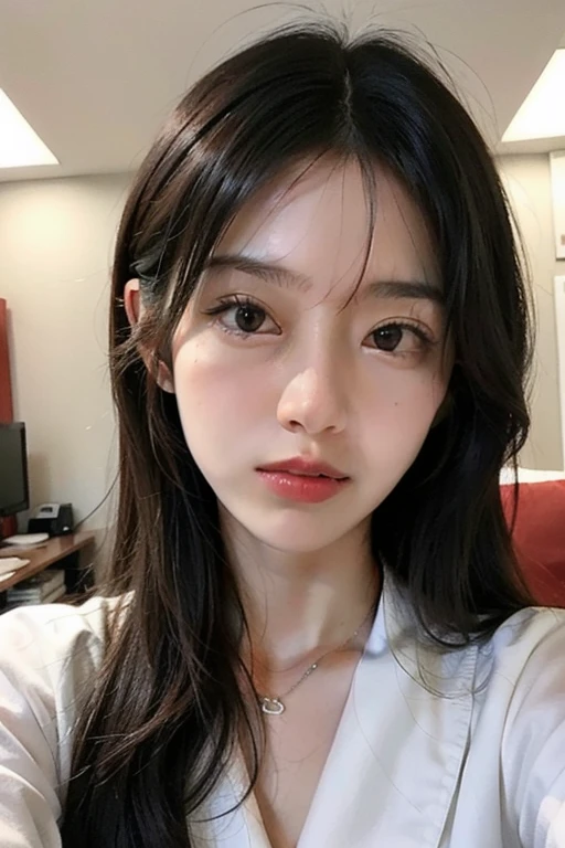 Kim jennie con el cabello negro oscuro, con rulos en las puntas del cabello negro oscuro, con un ganchito de estrella en el cabello negro oscuro, ojos de color claro, ojos bonitos, ojos llorosos, nariz bonita y respingada, labios bonitos, labios rosas, heart and cupid shaped lip, piel bonita, pale, piel blanca, con lunares y pecas en todo el rostro, rubor rosa suave en las mejilla, rubor rosa natural, maquillaje suave y rosa, jennie, cuellos bonito, cuello marcado, frown, mirada enojada, con un collar de beso, un collar bonito de beso, mientras tiene un traje de Yumeko Jabami, cospaly de Yumeko Jabami, mientras tiene una camisa blanca, con tiene un traje de color rojo encima de su camisa blanca, apretado a su cuerpo, con una falta negra corta mientras tiene el abdomen desnudo, delgado, marcado y bonito, (pechos grandes, pechos suaves, pechos bonitos, pechos naturales), mientras esta haciendo cospaly del personaje Yumeko Jabami, del anime Kakegurui, mirando a la camara, autofoto, selfie bonita