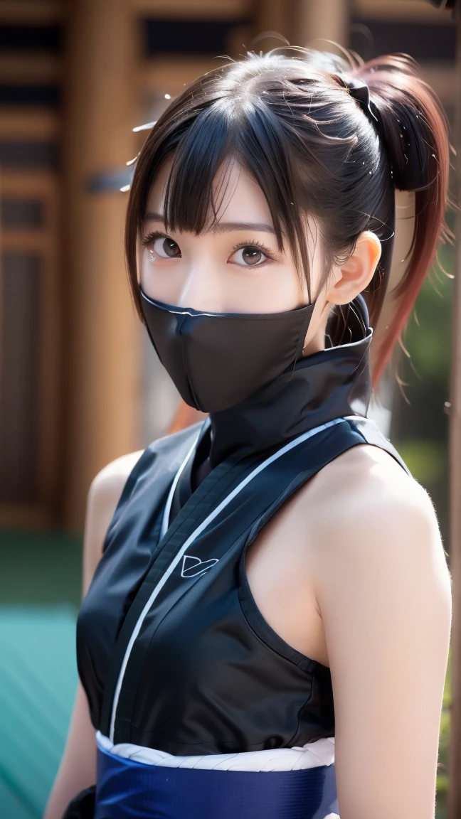 1 girl, Slim girl, Japanese,mesh,Black Hair,Beautiful brown eyes,Thin droopy eyes,Blindfold,Thick lips,Large Breasts, Cleavage, Monastic uniform,Shortcuts, Bangs,