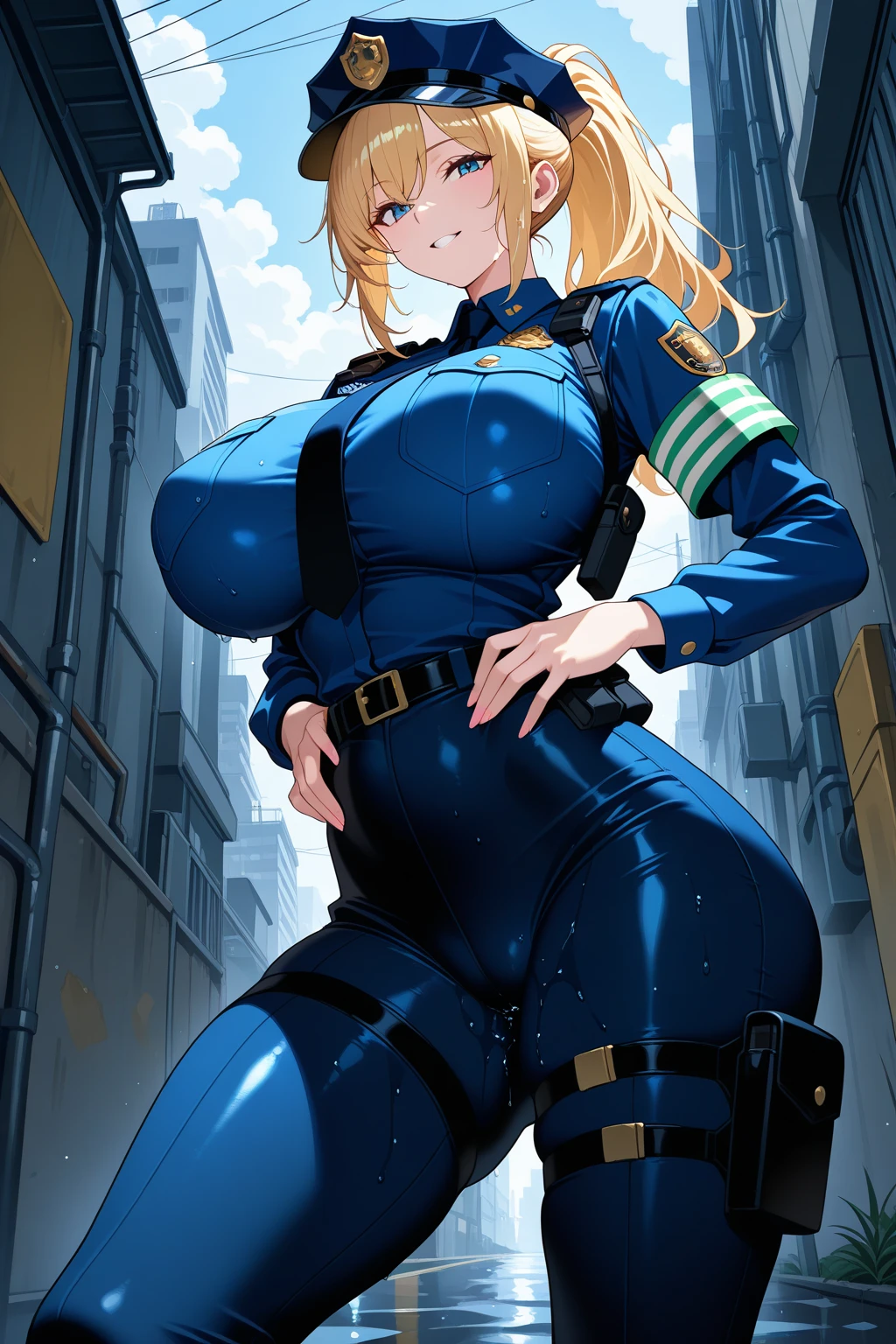 anime artwork, score_9, score_8_up, score_7_up, score_6_up, score_5_up, score_4_up, r,Camie Utsushimi, light brown hair, dark brown eyes,, breasts, , big breasts, catsuit, cap, city, squatting, below view, , white heeled knee-high boots