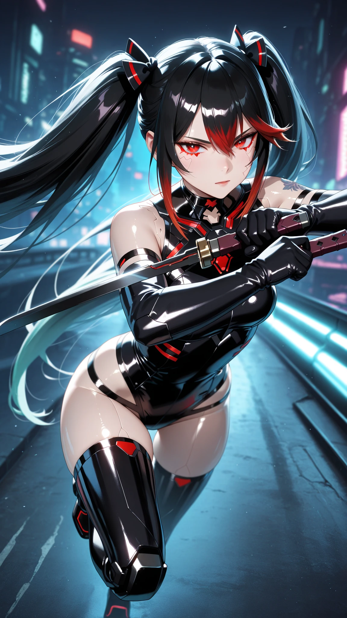 solo girl,Glossy metalic light silver tank top, tight latex shiny, Red interpolation color,Black hair bob,red eyes, camel toe, Samurai Sword,
Lift one leg, sexy lady,, naked girl,