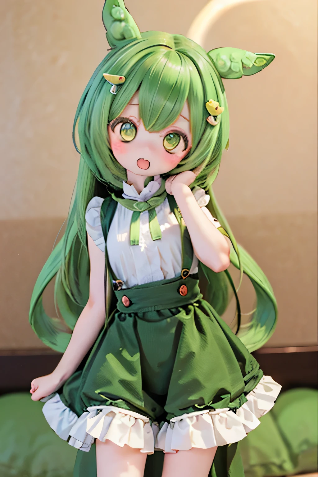 cute green-haired zundamon in playful pose, Elaborate character design , Delicate Details , surreal , photorealistic , 8k, masterpiece , is high resolution, bright color, 多くのcute人々I can see the light of , natural light, 、 warm palette , amazing , Nikon Z7 IIミラーレスカメラで撮影したamazing映像 , cute , cuteデザイン , , Heartwarming、Edamame、 execution (((((Young Lady))))))(((long hair))) (((((Long Dress))))))long skirt in front of the museum、 very elegant word sit and drink tea