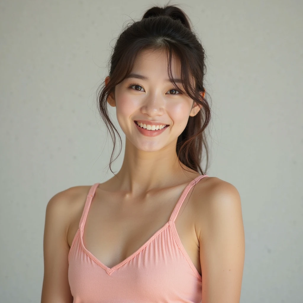 ((highest quality, 8k, masterpiece:1.3, 1 girl, beautiful girl)), High resolution, cute, dynamism, Detailed face, Detailed skin, Fine grain, Detailed lips, Realistic, RAW Photos, Natural light, Perfect Anatomy, Dynamic pose, Round ass, Toned Legs, double eyelid, Tear bags, Round eyes, Moist lips, Mouth details, Detailed tongue, Japanese Girls, Yellow Hair, bangs, (One piece school swimsuit), Racecourse, indoor, Detailed clothing, Sweaty, Wet clothes, Wet Hair, smile, short hair