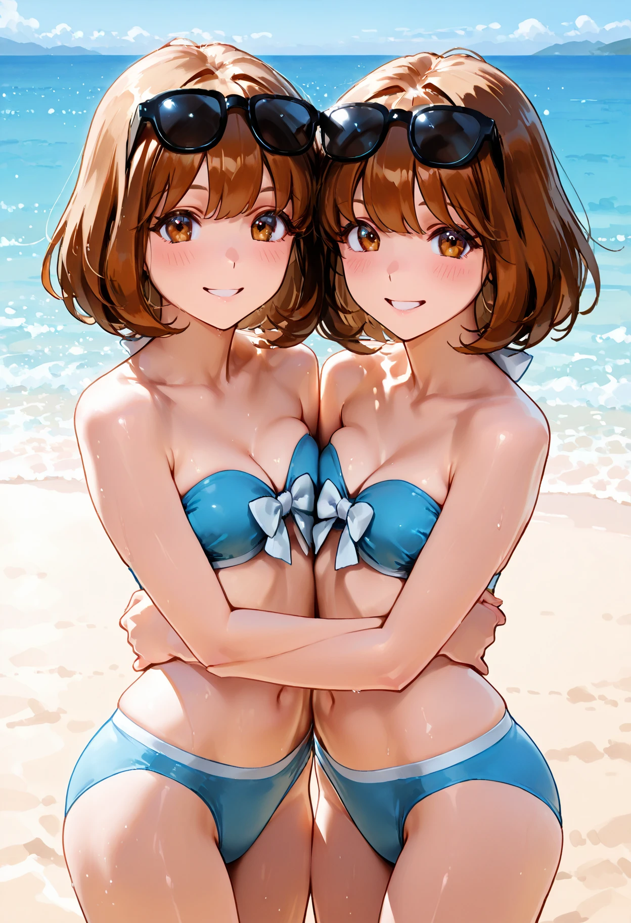 1girl, solo, two heads, conjoined, kiss on cheek, looking at viewer, heart gesture, Uraraka Ochako, thick_eyebrows blush_stickers, brown_hair, brown_eyes, short_hair, sideburns, shiny hair, medium breasts, skindentation, colorful beach attire tropical pattern, beach background, ocean