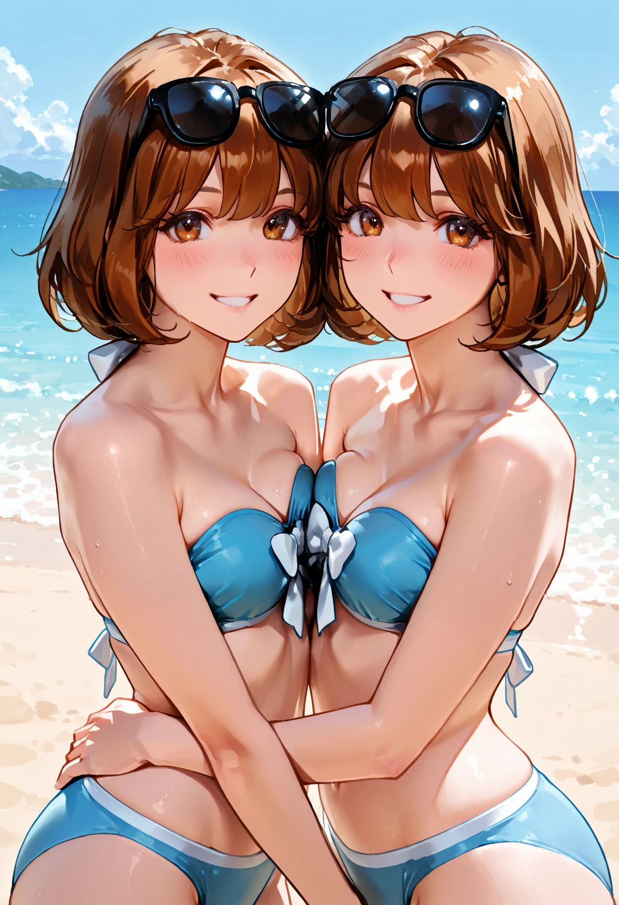 Browsing Caution (Highest quality:1.5, High resolution, 超High resolution, 4K, Detailed lighting, Shaders), Browsing Caution Misaka Mikoto, {alone}++ short hair Brown Hair Brown eyes Cool face White thong bikini Realistic sun rays Beautiful beaches Super fatty muscle Muscular Sweat Angle from the front Wet crotch Flowing body fluids Completely naked topless Beautiful beach