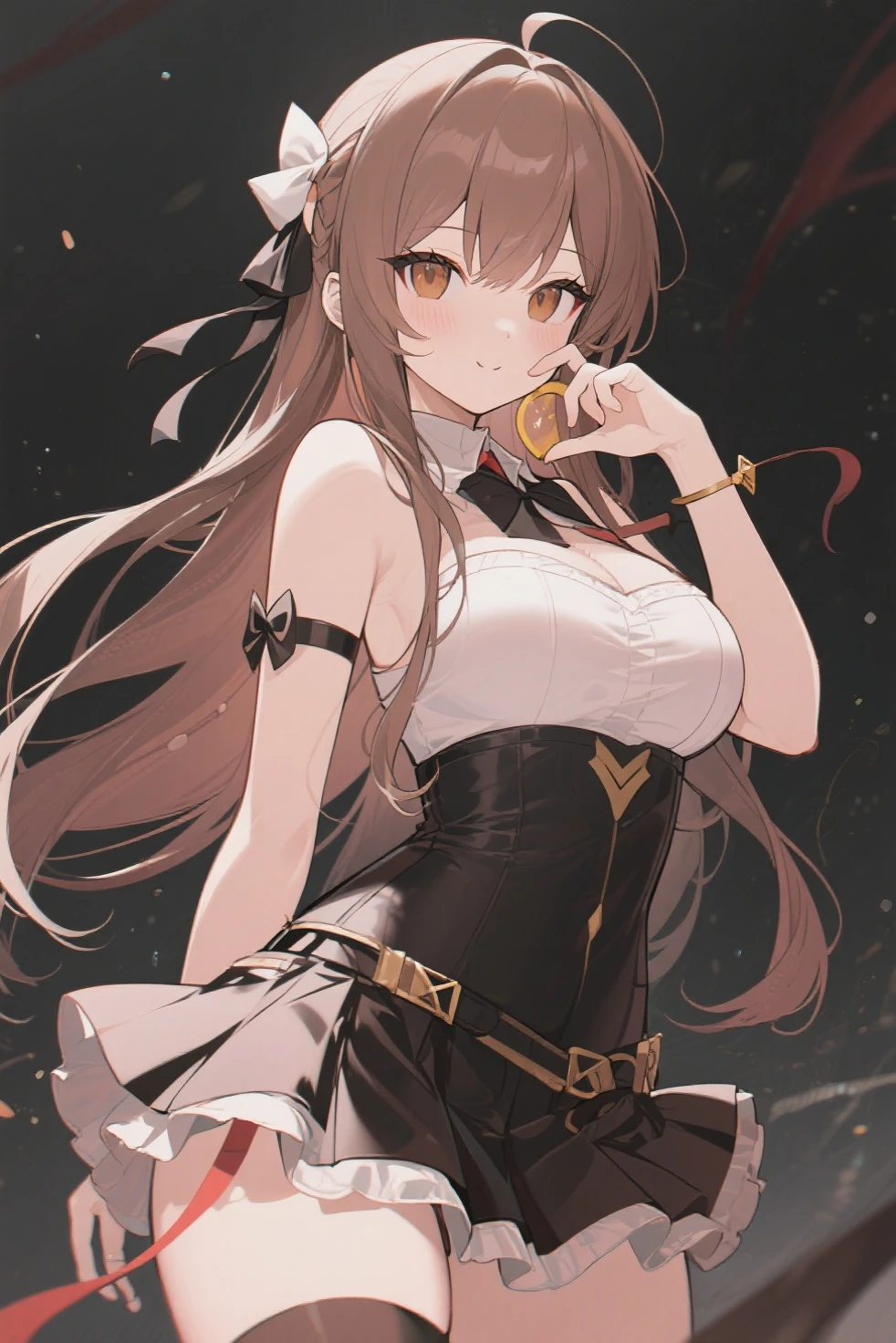 1girl, solo, large breasts, hutaodef, embarrassed, ;o, one eyes closed, on bed, lying, thigh gap, arm behind