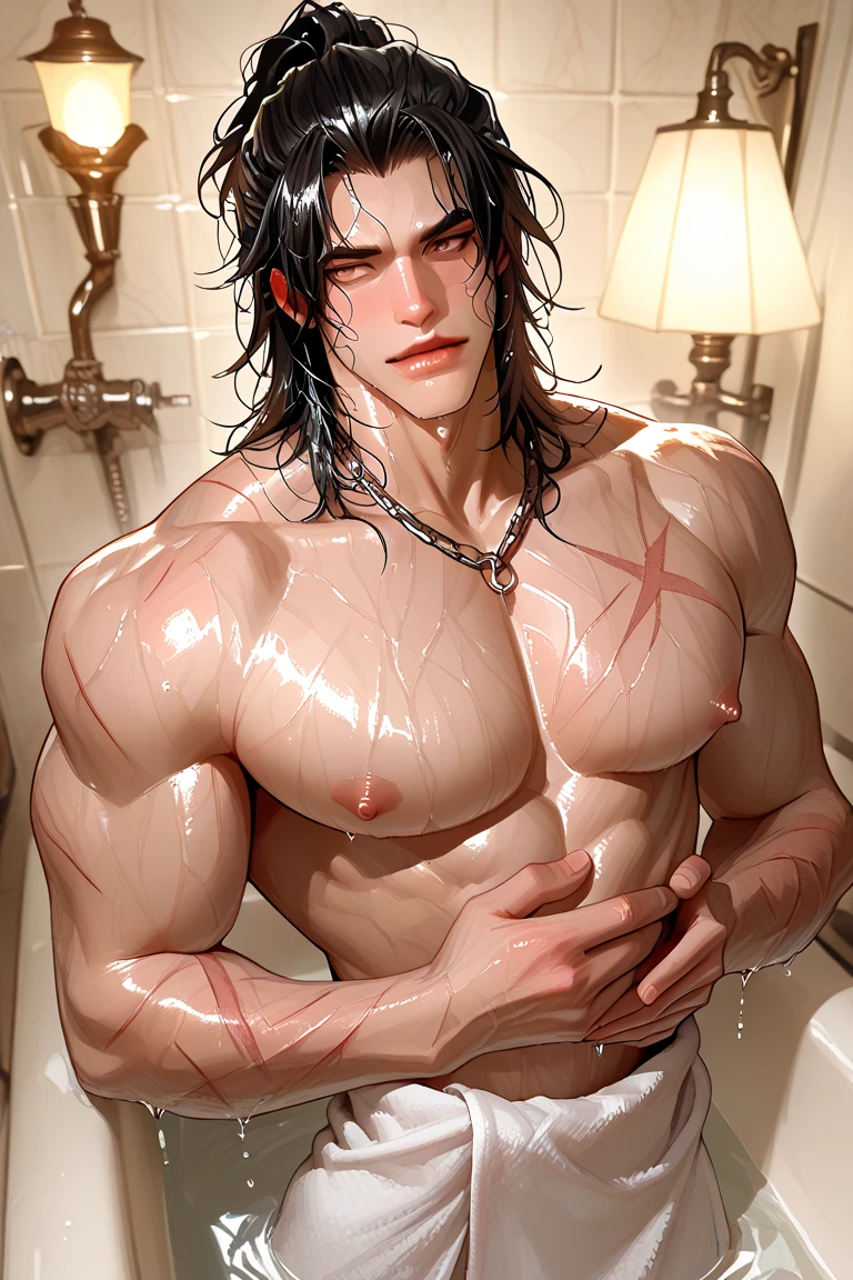 a naked muscle boy with big ass, big penis, long black hair, in the male changing room,