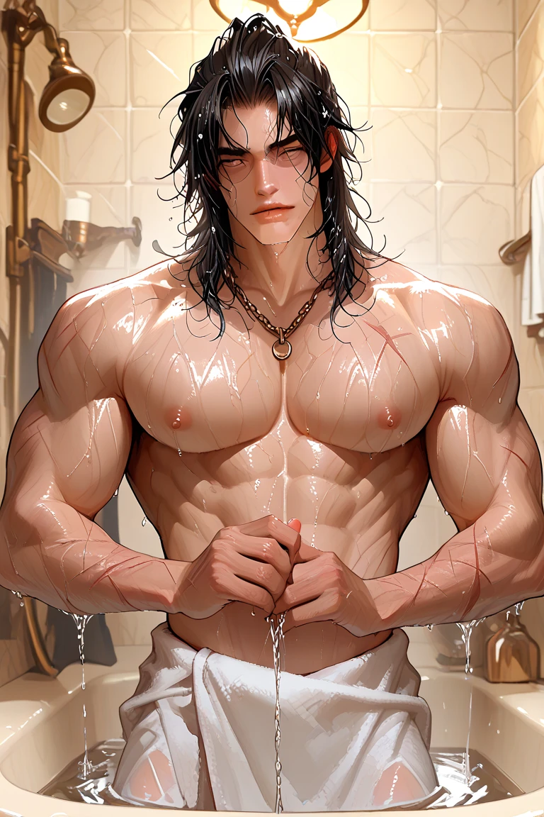 (Masterpiece, Best quality), Man, Wear miniature thongs  (((Pattern_designs_thongs_perspire_massive pec_Get wet all over your body))) , Bio-luminescence_water_world, wide angles, atheletic body, (((Male))), Shiny_skin, musculature，eyes orange，Nail shape, determined expression, Small waist, broad chest, large mane, Muscular , illustration, watercolor ink sketch,((large bulge))，(Big eggs)，Japanese radish，Split legs，squatt，Glans，((Crotch propped up))，((Thick body hair))，(Top-down view)，Rounded buttocks，((((Clothes are soaked))))，Hard，(There is a lot of white liquid on the body)，Sleep naked，Hands naturally lowered，((Extremely detailed, extremely detailed legs, extremely detailed arms, Extremely detailed face, Perfect Detailed Eyes, perfectly detailed anatomy))， 4K.((Rub the edges))
