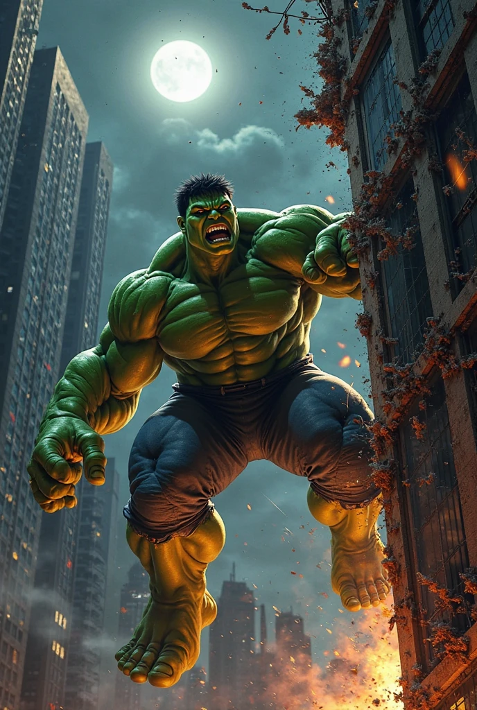 masterpiece, best quality, ultra high res, 3d, photorealistic, masterpiece, best quality, skin indentation, angry, hulk, yellow eyes, dynamic angle, dynamic pose, triumphant smirk, clenched hands, clenched teeth, streets, destruction, ruins, day, apocalypse, dark theme, outdoor, city explosion, bomb, fire, smoke, hulk, <lora:add_detail:1.5>, <lora:LowRA:0.5>, <lora:hulk:1>