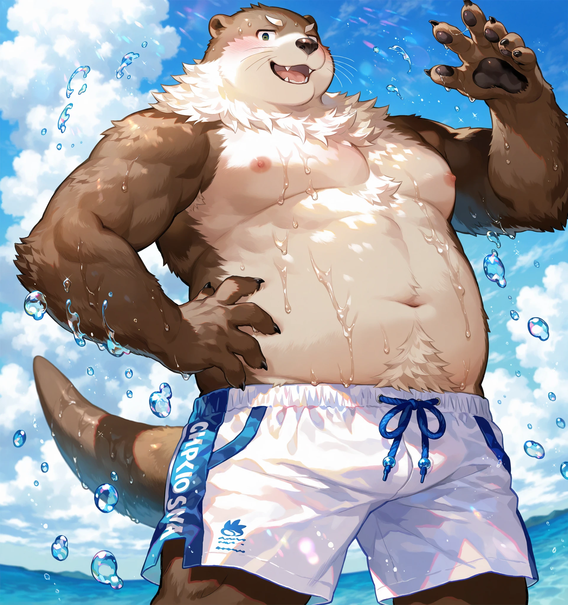 anthro dog, hisaki, male, furry, solo, bad boy,
biceps, pecs, navel,
topless, necklace, jewelry, speedo, looking at viewer,
by kiyosan, (by Pino Daeni:0.9), anime, masterpiece, hi res, best quality, perfect anatomy,
water splash, water drops, sunlight, (halo:0.6), detailed background,
kneeling, teasing, <lora:111656:1>, <lora:hisakiv2x.safetensors:1>