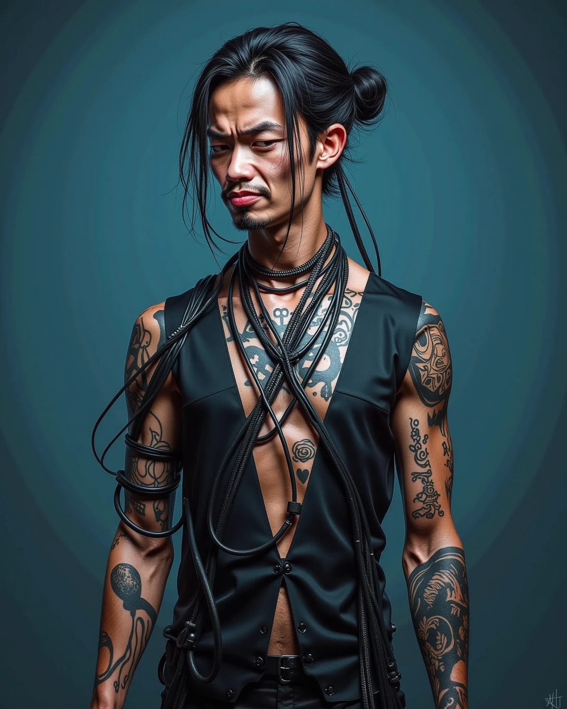 Skinny man tattooed big nose long hair