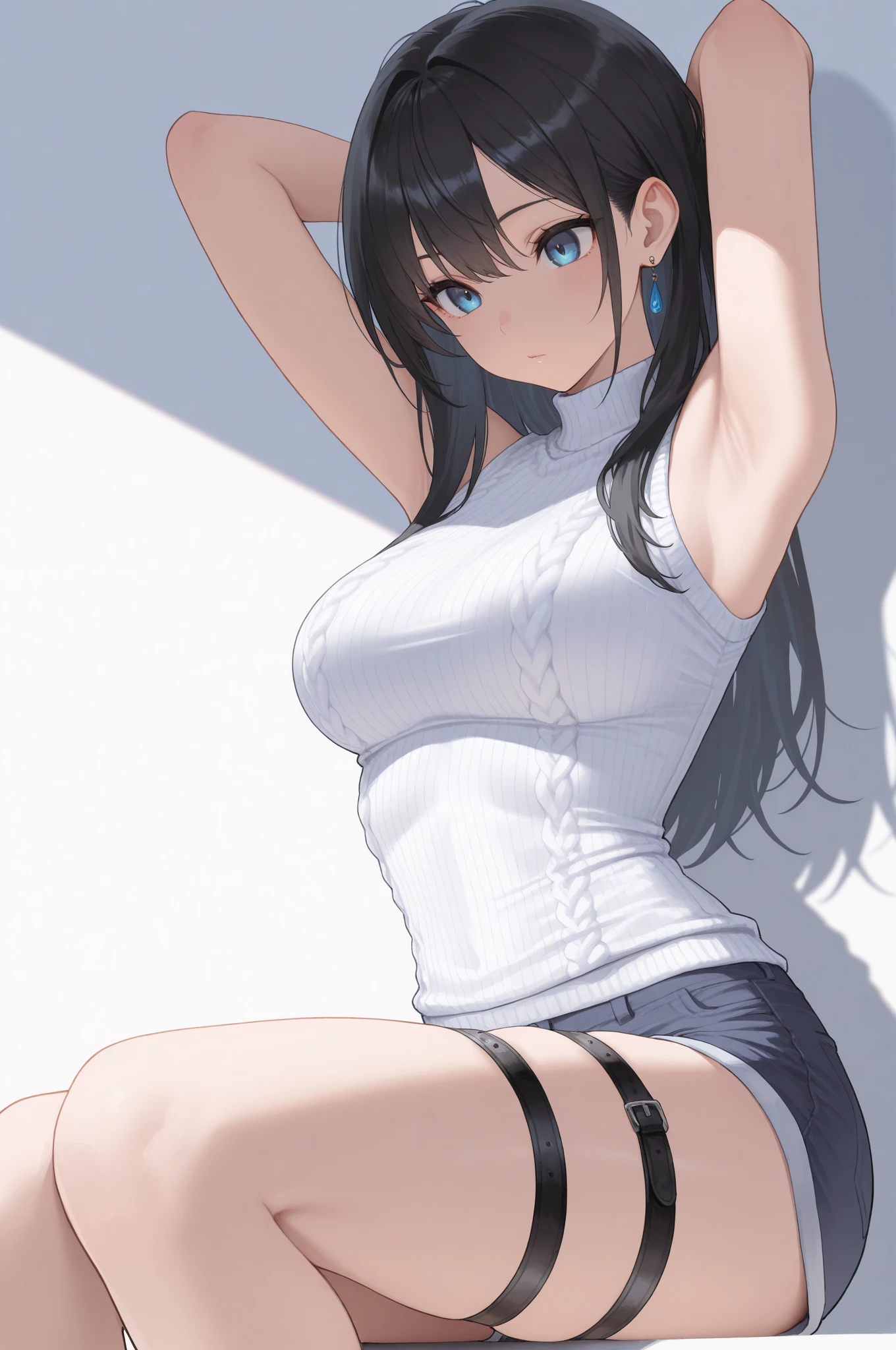 1girl, short black hair, blue eyes, wearing plain white shirt, cleavage, denim shorts, city, absurdres, high res, ultrasharp, 8K, masterpiece, looking at viewer