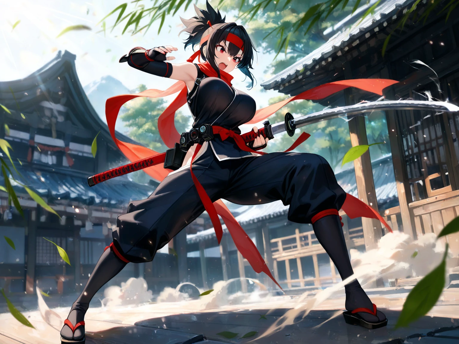 Full body shot of fighting between two female character holding short sword, 1 versus 1. They are fighting in a fierce duel death match, face to face with serious expression. They have long loose hairstyle, small thighs and slender legs. They are wearing different color of sleeveless short kimono with short pleated skirt, with an obi tied on back hip, a pair of thin long black elbow gloves, a pair of black thigh highs, and black shoes. Background set in a lush forest
