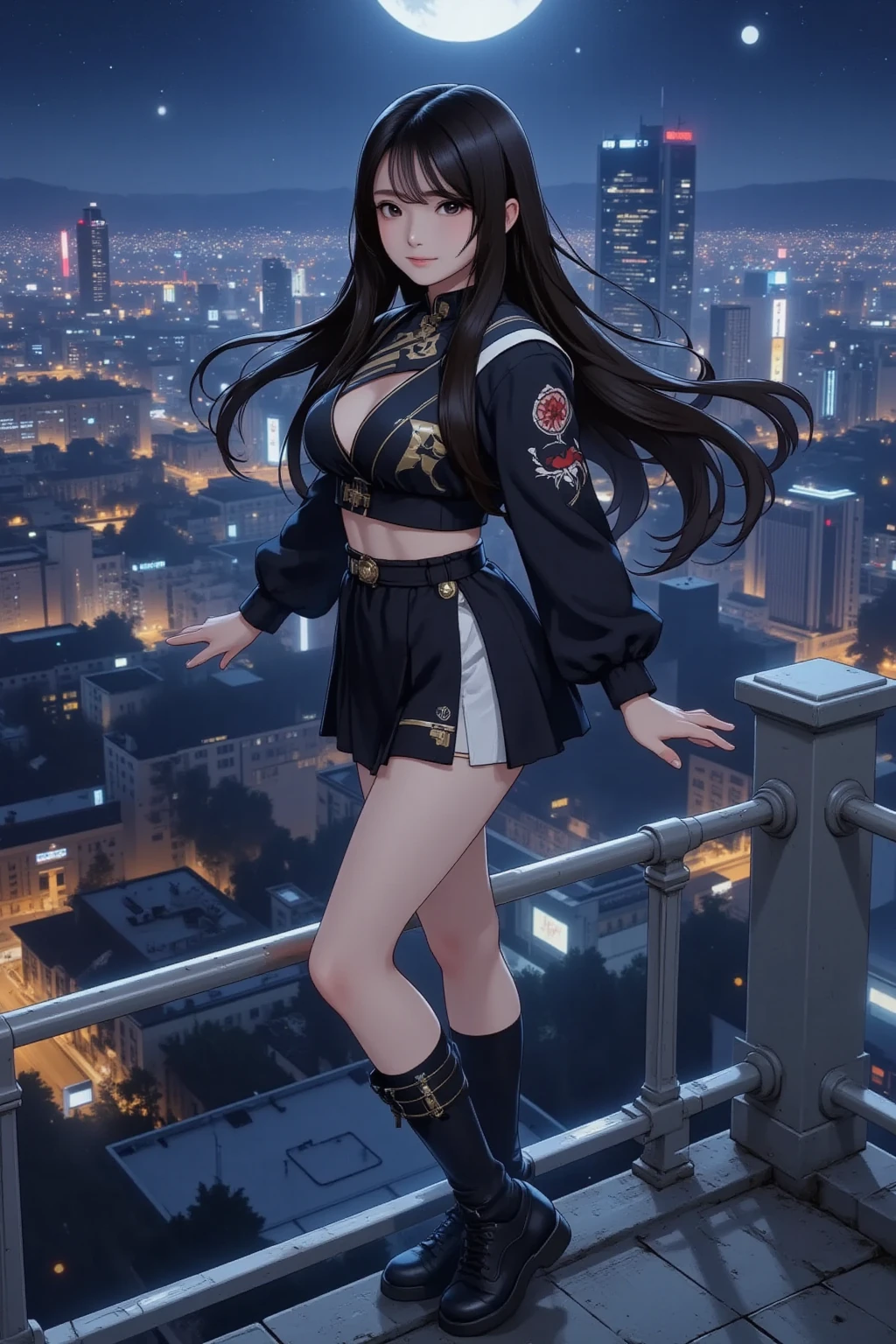 score_9, score_8_up, score_7_up,
<lora:FF7Tifa:0.8>
FF7Tifa, 1girl, black hair, red eyes, long hair, looking at viewer, standing on a rooftop at night, city lights twinkling below, wind gently blowing hair, starry sky above, mysterious and enchanting ambiance