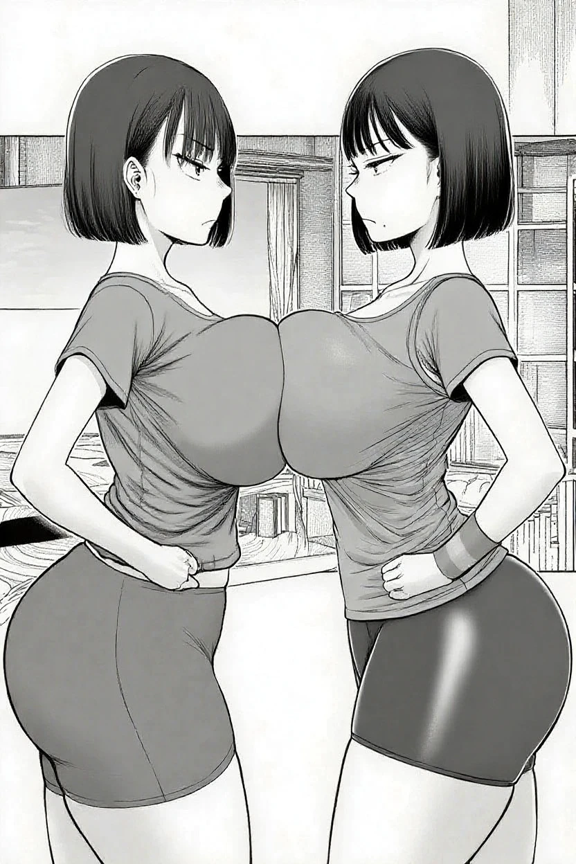 2heads, a short chubby woman with 2 heads. She has gigantic breasts. She looks mature. She is wearing a loose t-shirt and sweatpants. She is laying on a bed. Her breasts are massive. She is blushing. She looks seductive. She looks playful. She has gigantic breasts.
