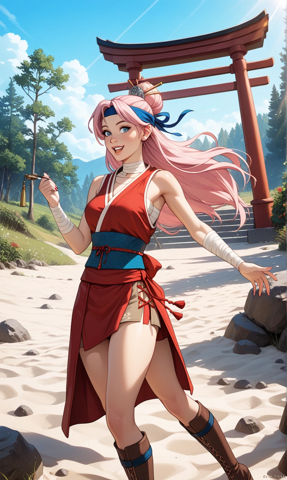 colorful, ((anime)) haruno sakura, long pink hair, green eyes, red dress, ((solo)),  8k, ((leaf village in the background)), ((masterpiece)), HDR, highly detailed, professional