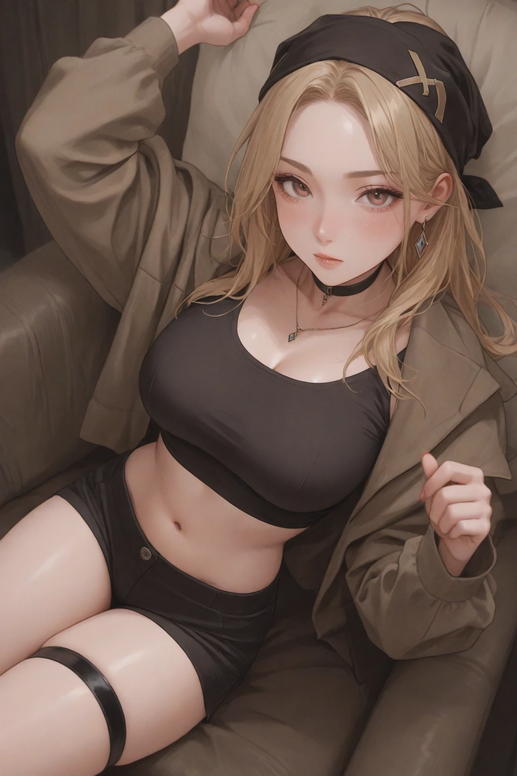 (masterpiece, best quality: 1.2), solo, 1girl, Ramlethal valentine, dark skin, looking at the viewer, thick thighs, white bikini, expressionless, squatting on a bed, legs open, legs open to reveal panties, bare legs, tight, white hat,