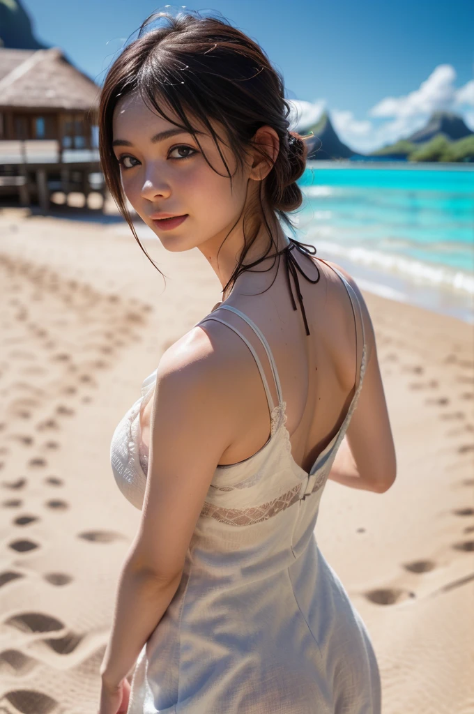 (masterpiece:1.3), (8k, Realistic, RAW Photos, Best image quality: 1.4)、(Cute hairstyle:1.2)、Large Breasts:1.2、Breastfeeding 1.Too big、Round ass、Complete look、Highly detailed face、Eye on the details、double eyelid、With one heart、Sharp focus:1.2、Beautiful Japanese Woman:1.4、Light brown hair、Highest quality、masterpiece、Ultra-high resolution、(Realistic:1.4)、Natural light、((Hawaii'Most popular bikinis))、 One gift'shoulder、slim、Serious expression、Short and delicate hair, Tropical Beach, Beach Background, Tropical Tree