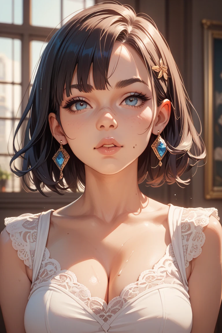 ((Highest quality)), ((masterpiece)), (detailed), One person, (Large forehead:1.2),extremely detailed cute anime face, (((Flat Chest))), (Flat Chest:1.1),((((Short Bob Hair)))),Complex eyes,beautiful detailed eyes,Symmetrical eyes,(((detailed face))),beautiful detailed lips, Young face,low length，Pretty face， (((Embarrassing))),(Lips waiting for a kiss),(My heart is pounding with anticipation.)、A loose negligee that reveals the skin、Hold、Lying down、barefoot、Wide composition