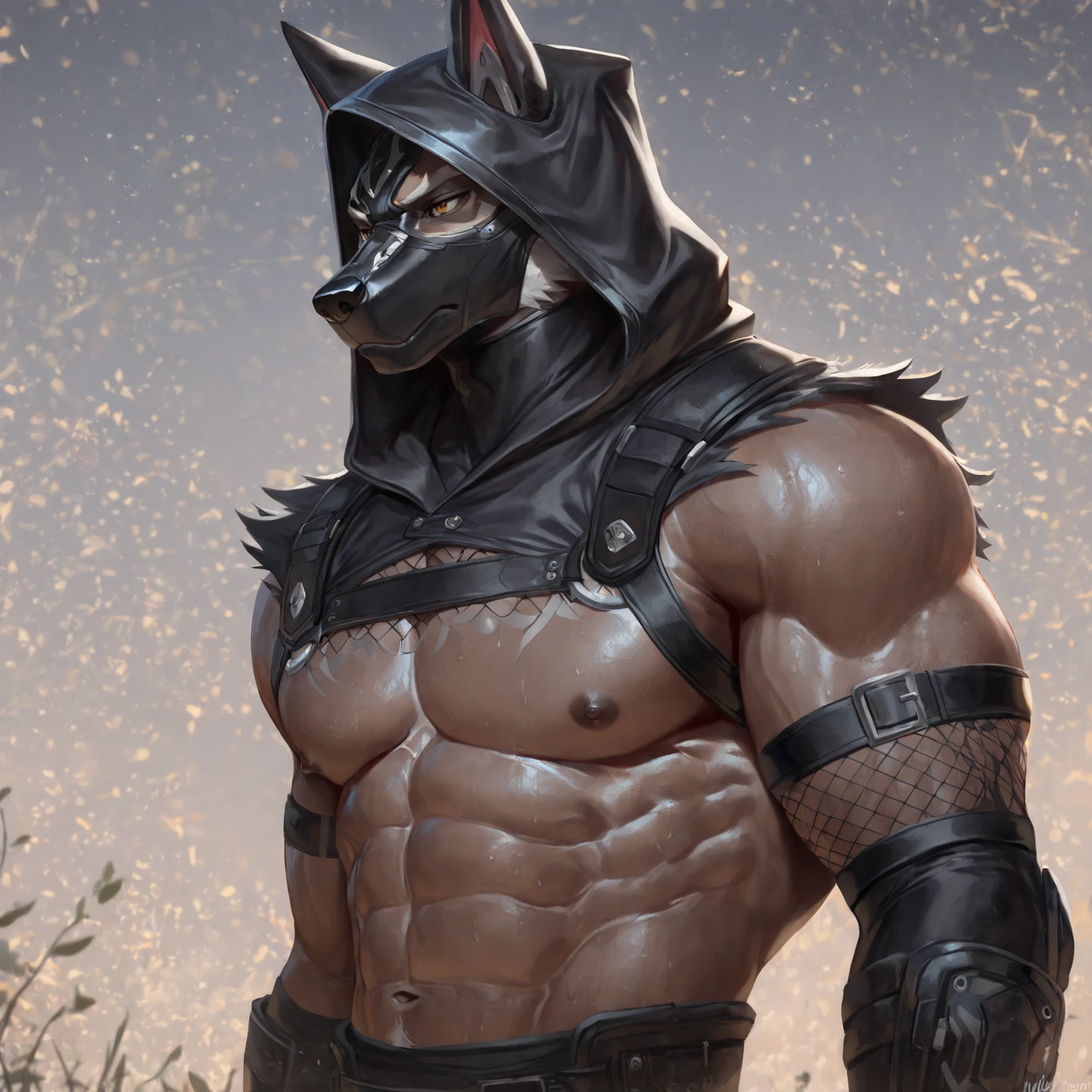 Muscular black jackal with big breasts standing while posing seductively for the viewer showcasing their large veiny muscles while pulling open their bra revealing their nipples and also presenting their big veiny black penis, Masterpiece, penis base+, black penis, penis shaft, highly detailed image, highly detailed genitalia, 4k, 4k resolution, big testicles, by Truegrave9, by Virtyalfobo, by Chunie, by Clockhands, penis poking out, thick theighs+, huge penis+, inviting, inviting viewer, solo, long tail, looking pleasured+, dominant male, looking at viewer, plain background, bedroom eyes+, seductive male, bubblebutt, quote "think you can handle this?", presenting, large muscles+, black laced bra, looking down at viewer, black skin+, ebony skin+, sweat, black underwear, undressing+, hand on bra, long flowing black hair, 