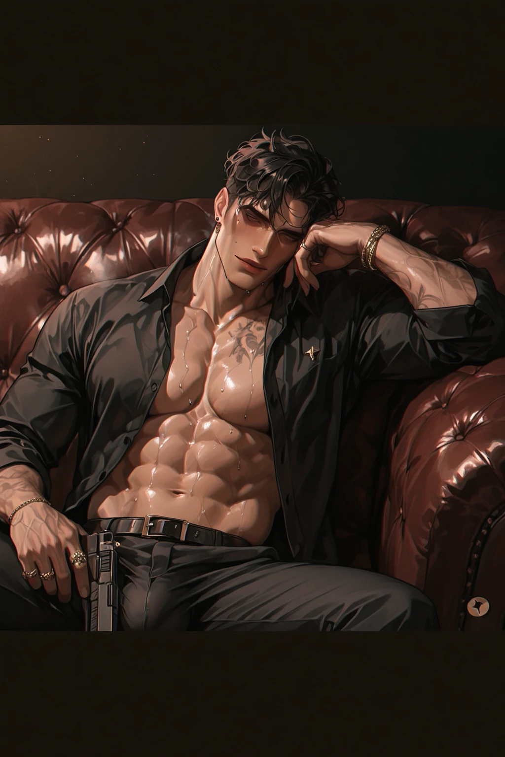 "(La mejor calidad,4k,8k,Altas Resoluciones,obra maestra:1.2),ultra detallado,(realista,fotorrealista,fotorrealista:1.37), Manhwa Art European 25 years old man, piel de marfil, Cabello desordenado cabello negro azabache, penetrantes ojos, Iris gris, Llevar abrigo negro, Torzo desnudo, cuerpo musculoso, recostado en una cama, foto tomada desde arriba, cuerpo Atletico, razor-sharp jawline, mirada penetrante, Cold and mysterious character, cuerpo completo, cuerpo Atletico, 8k, Detailed features, muy guapo, Dreamy look on his face, bright illumination, fondo borroso, tatuajes en brazos, tatuajes en el pecho,