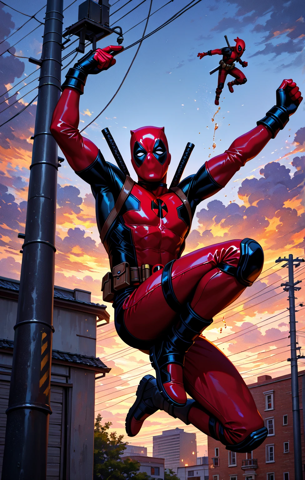 best quality,ultra-detailed,realistic,superhero art,Deadpool,comic book style,action-packed,explosive background,vivid colors,strong dynamic pose,mask,red and black costume,sharp focus,studio lighting,using katana and guns,a witty expression,sleek and muscular physique,comic book panels,humorous touch,stylized strokes,energetic composition,fierce and intense eyes
