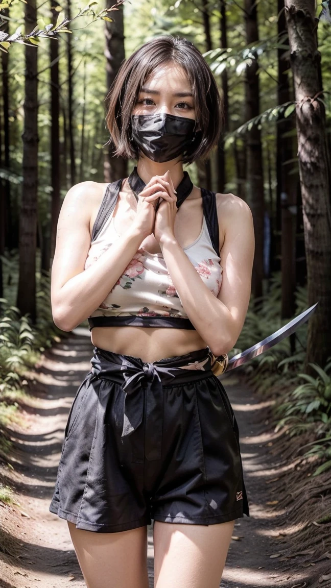 (was:1.3、((A female ninja standing in a fighting position with a weapon in the forest:1.5)、With background)、(Female ninja with a sword:1.5))、(Realistic、Like a photograph、Live Action、8k, Realistic, RAW Photos, Best image quality: 1.4), Single-lens reflex camera、RAW Photos, Highest quality, Realistic, Highly detailed CG Unity 8k wallpaper, Written boundary depth, Cinematic Light, Lens flare, Ray Tracing, Realistic background、(kunoichi:1.4、White floral kimono::1.5、p-line)、Grey Hair、short hair、Short Ponytail、((Ultra-Dense Skin))、 1 girl,Cute Kunoichi、(whole body:1.5)、I like that style、Pay attention to the details、Perfect outfit、(White skin)、Accurate Arm、Accurate feet、Beautiful legs、Precise thighs、Anatomically correct body、View from behind