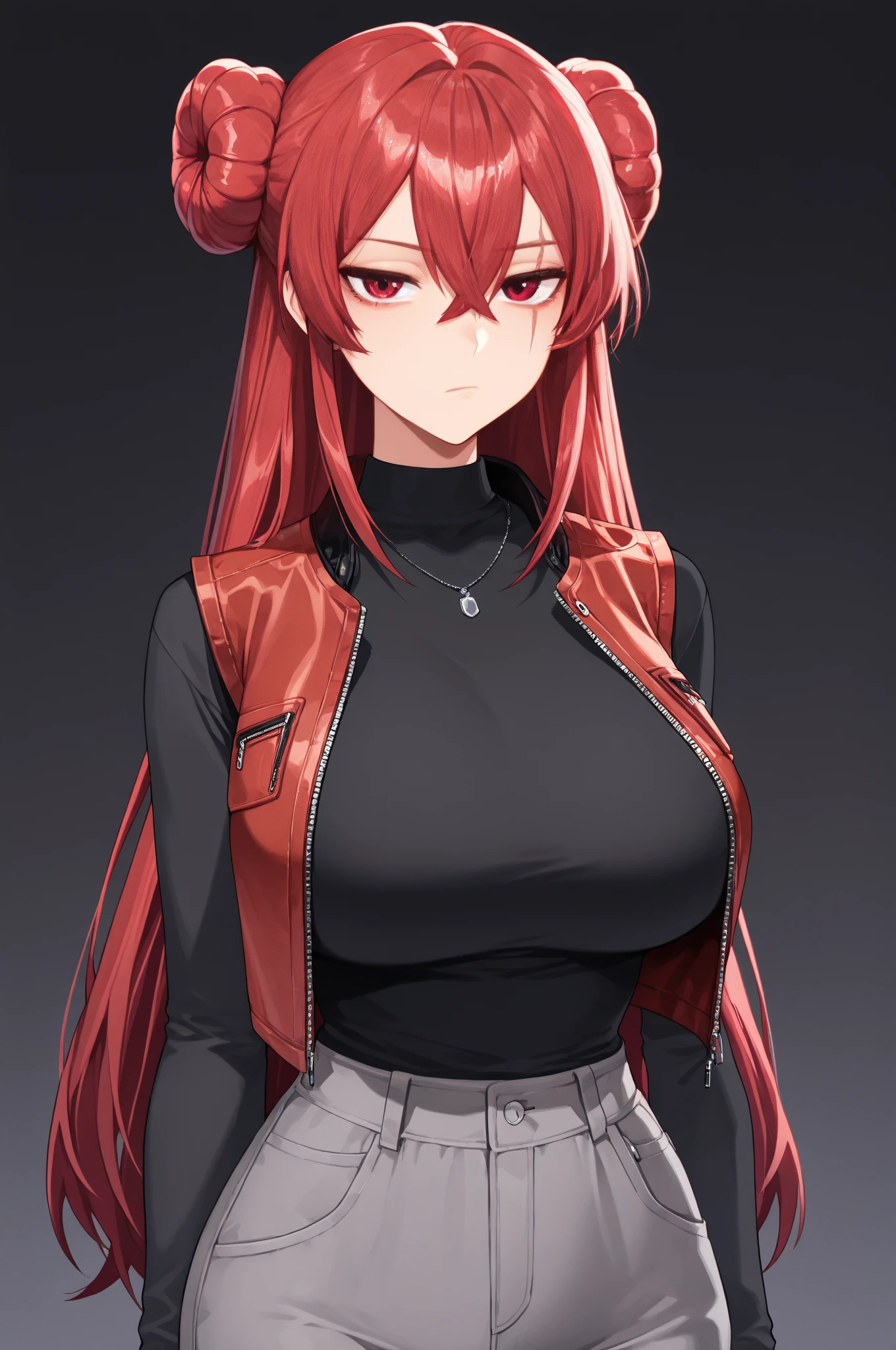 A female character with long, curly Ruby red hair. Character wielding a black scythe with a dark shadow-like figure with two white eyes in the background. Emerald green eyes. Character with a macabre smile is scary and a malicious expression. Black clothing is red short and sensual. darkness background 