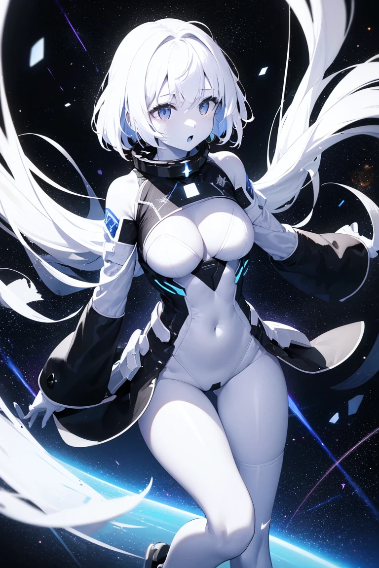 (( close、16k、highest quality、Attention to detail、Rich skin detail, nsfw、Loli)),(((((Brown Skin)))))、(Chubby)、 (Beautiful Eyes), ((Swollen nipples、Small breasts))、 ((Black leotard leotard、white jacket、Sweat))、(Blue Eyes)、((White Hair、Blunt Bangs、long hair、Straight Hair、Ahoge)),  ((blush))、(Wide Hips、Thick thighs)、smile、((((Embarrassing))))、((electronic space))