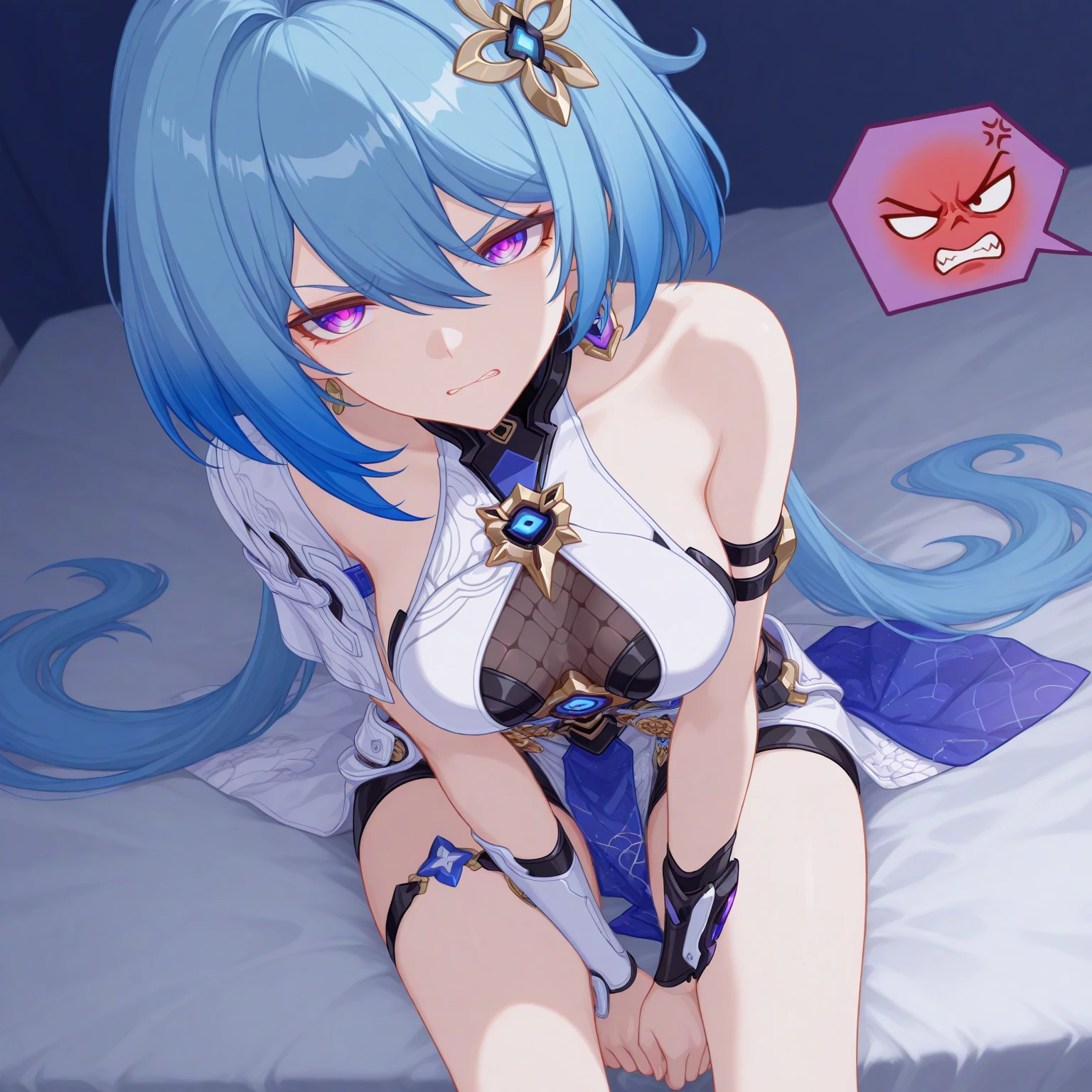 beautiful,(masterpiece),best quality,(extremely detailed face),extremely detailed eyes,perfect lighting,OverallDetail,detailed,deep skin,textured skin,<lora:ganyu:1>,ganyu,long hair,ahoge,sidelocks,bell,neck bell,detached sleeves,goat horns,gloves,large breasts,gold trim,pantyhose,hands,