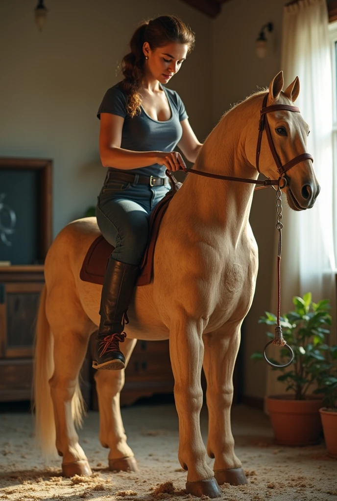 ((high resolution)), ((pale skin)), sinful, king ((14 years)) chica sexy, with blue eyes, blushing cheeks, wavy fur, smiling, big breasts, like a fantasy druid, horse behind, horse ,crouched on the floor ass up 