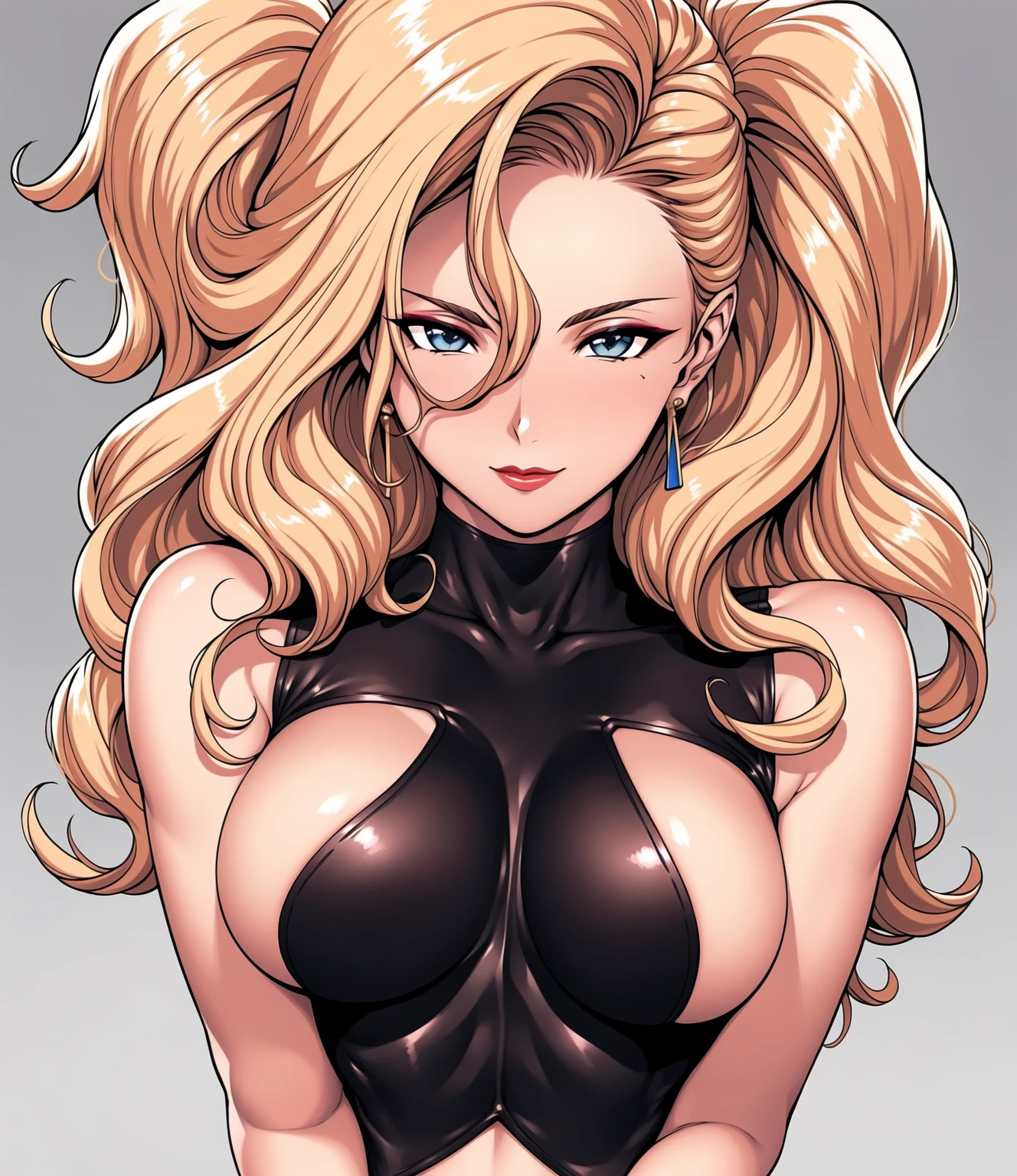 1girl, utsushimi kemii, boku no hero academia \\\\\ masterpiece, best quality, very aesthetic, absurdres, newest \\\\\\ slim body,///// ,by nyantcha,cutesexyrobutts , by khyle,,////// beautiful face, sexy, simple black catsuit with blending patterned lines and a zipper running down the middle left slightly down to reveal her cleavage. She wears white cuffs around her wrists and white heeled knee-high boots, patterned with gray lines, as well as a loose black collar lined with metallic plates., ,plump and glossy lips, white background, looking at viewer, close-up, dark brown eyes, full body portrait