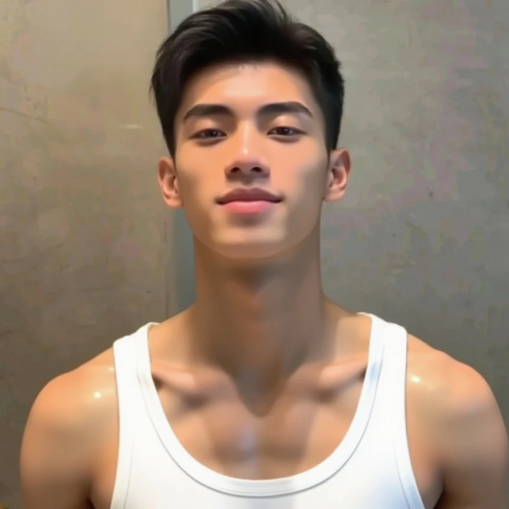 Japanese men、13 years old、Muscles and smooth skin、Very short black hair、A relaxed and friendly smile、colorful boxer briefs、The whole body is well visible、Fist pump in the bathroom、
