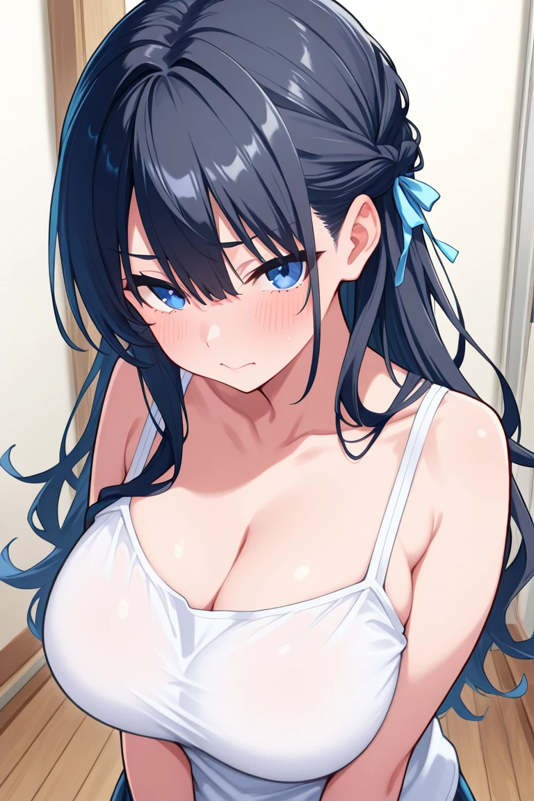 (masterpiece),(best quality),(ultra-detailed),(best illustration),(best shadow),(absurdres),(detailed hotelroom background),(very aesthetic),hiori kazano, ponytail, black hair, black eyes,,metallic verymicrobikini,covered nipple,cum,cumshot