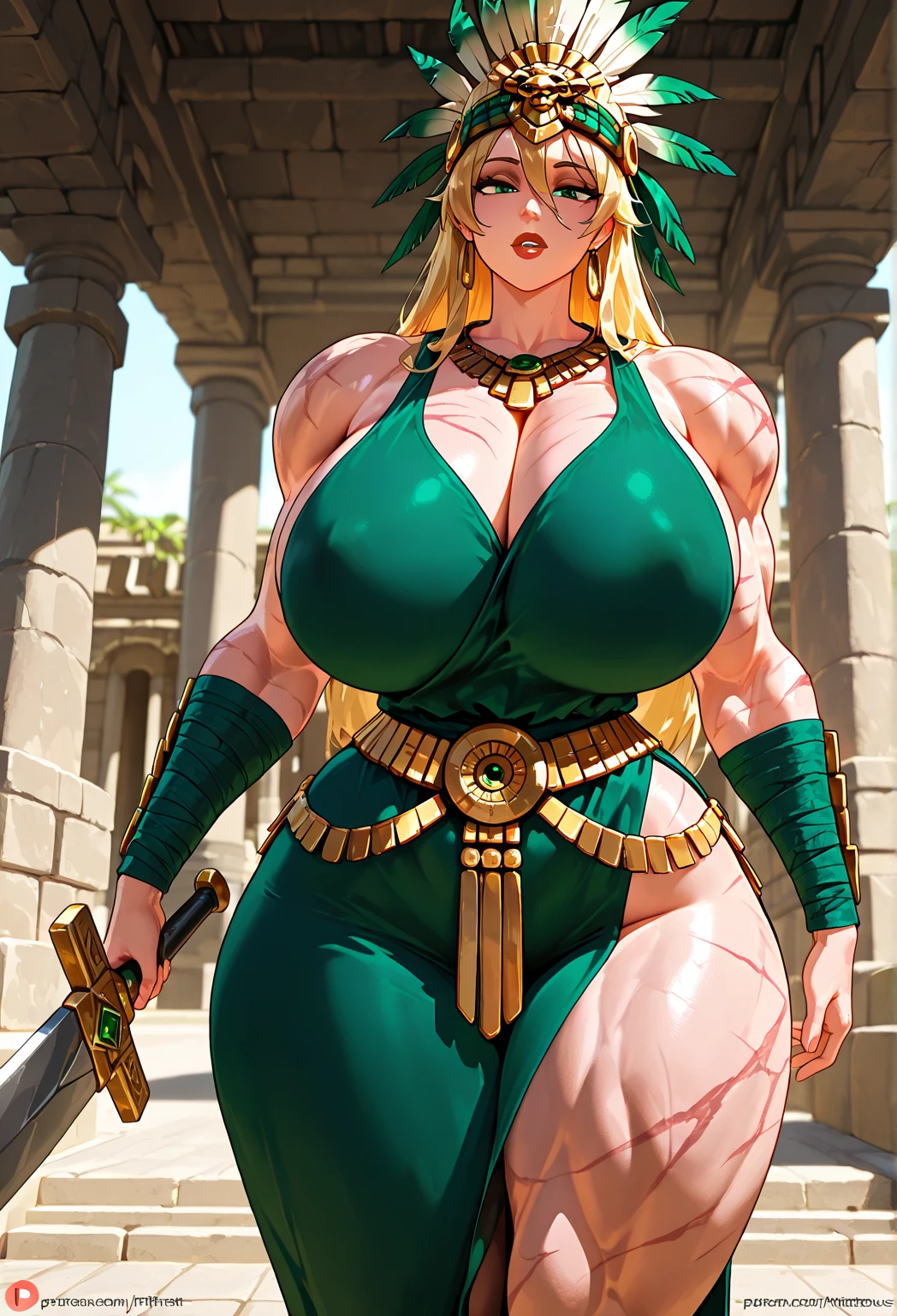 ((((Massive, tall, beautiful, buff, muscular brown skinned woman mage with green hair, ginormous bulky muscles, holding a dragon mage staff and wearing a beautiful hooded white enchanted robe with long long skirt)))), (close-up view), vascular, massive muscle, massive biceps, hyper muscle shoulders, hyper muscle triceps, (curvy long hair), orange eyes, (wearing a long extremely intricate robes, long magical robes), (white mage boots), smirk, white gauntlets, (in a dragon forest), evening, Vascular arms, hyper vascular arm, hyper muscles arms, hyper muscle legs, massive arms.
