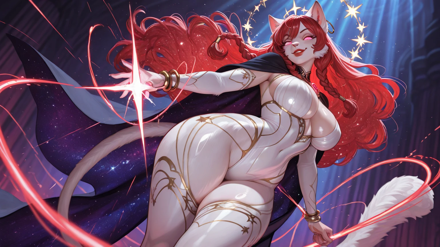 ""((thicc and curvy)), ((solo girl)) ((better quality)), full body, anthrophomorphic female pony, rose skin,garnet eyes pulpils, black sclera, malicious smile expression, unicorn horn and long ruby hair, goddess scarlet madam dress, currant belt, dark mandam long gloves, dark socks, flying pose, (((space background)))