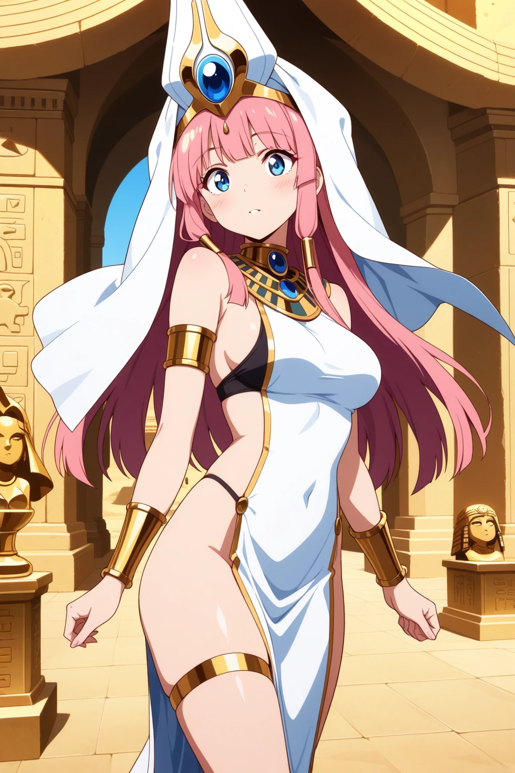 woman, light pink hair, long hair, open forehead, without bangs, big breasts ancient egypt, naked hips, clothes of ancient Egypt