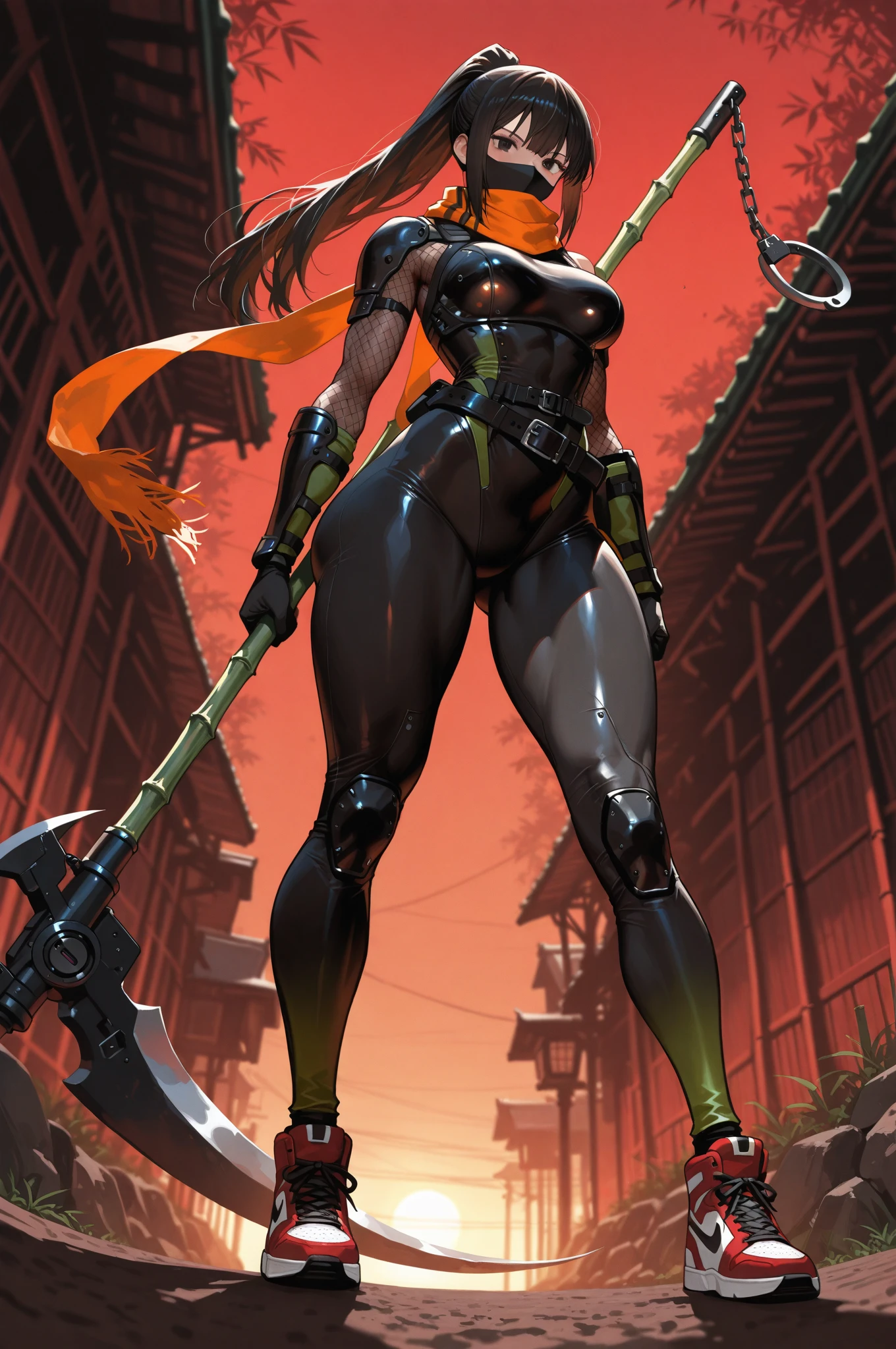photo of , callidus, ((solo:1.3)), mask, braid, glowing eye, fully covered face,  black bodysuit, gun, skin-tight face mask,<lora:tool - add_detail:0.5>
standing on top of tree, one knee by massive tree, lush jungle, dense jungle, rain forest, dark ambiance, night time, <lora:Officio Assassinorum MK1 by CARAXES:0.7>