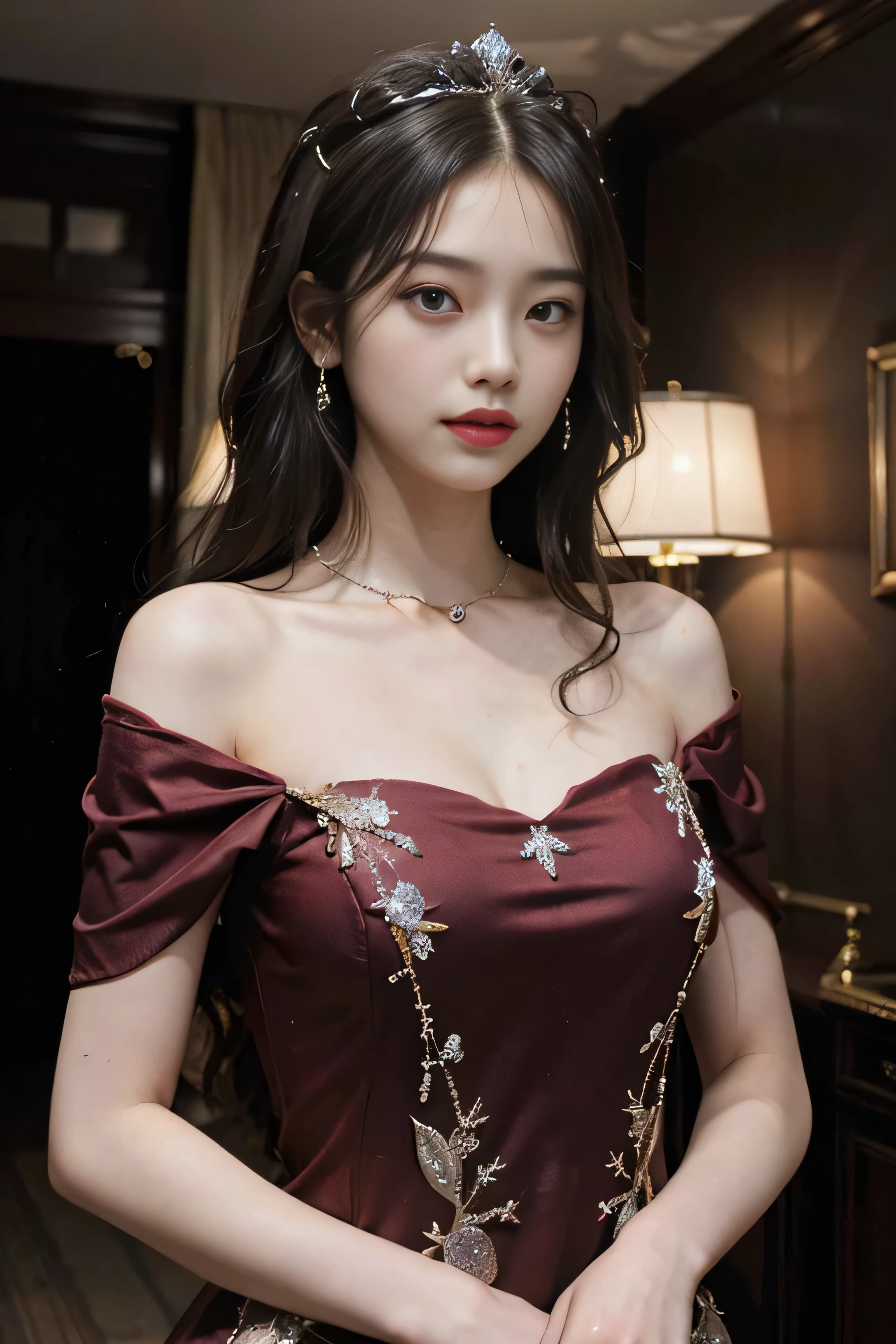Ultra-realistic 8K CG, perfection, clean, masterpiece, Professional artwork, Famous works of art, Cinema Lighting, Film Blossom, Fantasy, Fantasy, Fantasy, sf, Charm, adorable expression, Intricate details, 16 year old girl in a red chiffon dress, Highest quality, Realistic photos, Shining Face, A faint sweet smile