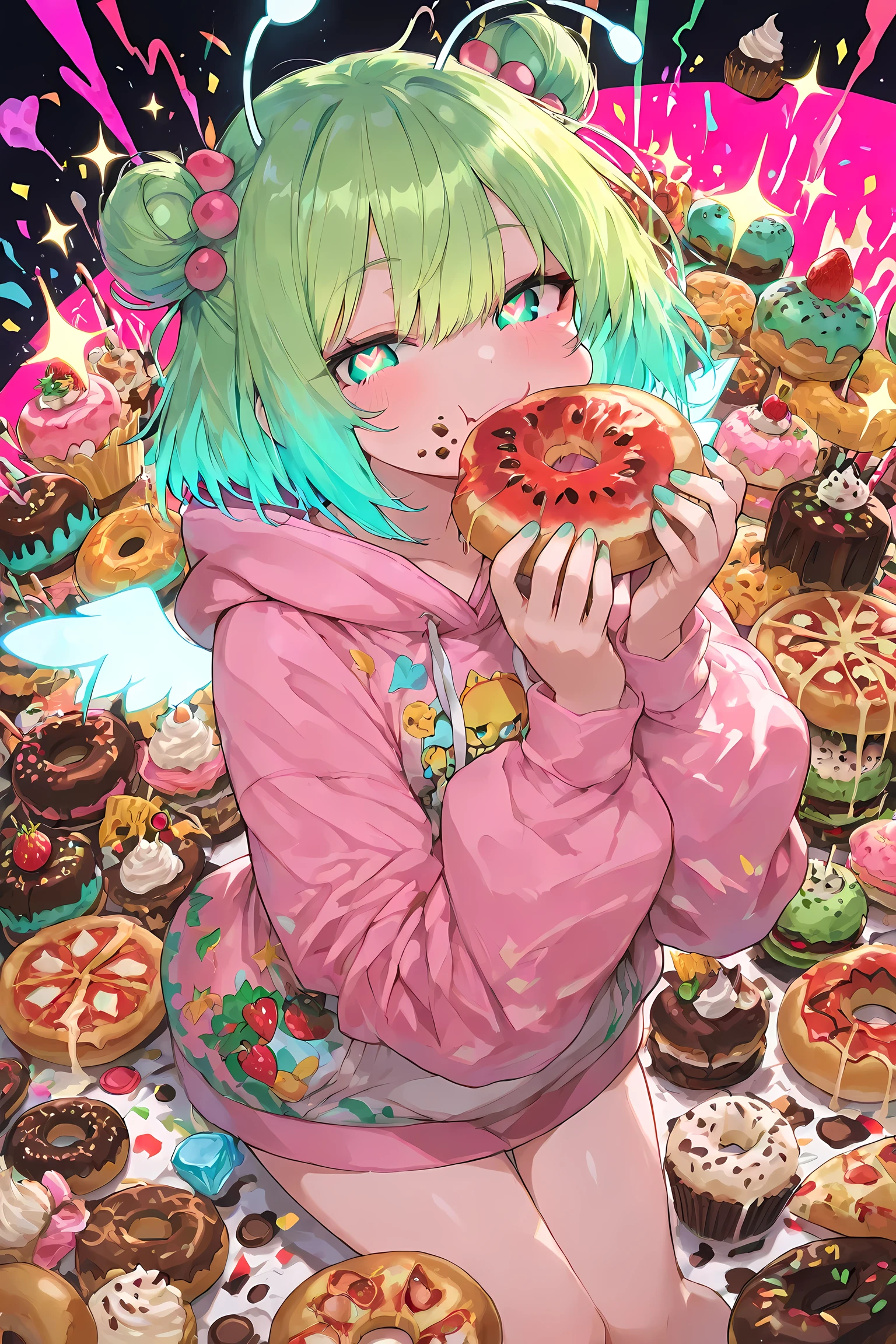 wide-angle view, anime style, chaotic scene of a gluttonous caterpillar girl rampaging through a dreamlike buffet world, cute girl with segmented green hair and antennae, oversized hoodie patterned with leaves and fruit slices, puffy cheeks mid-bite, holding a half-eaten watermelon in one hand, donut stack on the other, strawberry juice dripping from her mouth
variety of oversized foods scattered around: pizza slices, éclairs, lollipops, ice cream towers, hamburgers, cupcakes, tacos, all in vivid surreal proportions, candy-colored background, melted chocolate rivers and floating jellybeans
her eyes glowing with hunger, small wings emerging from her back, munching trail left behind her, chaotic debris of eaten food, food crumbs and wrappers flying, exaggerated motion blur, dynamic pose mid-bite
bright pastel lighting, hyper-saturated colors, magical realism meets food frenzy, sparkles, confetti, playful pop-art aesthetic, ultra detailed, high resolution, masterpiece, best quality, absurdres